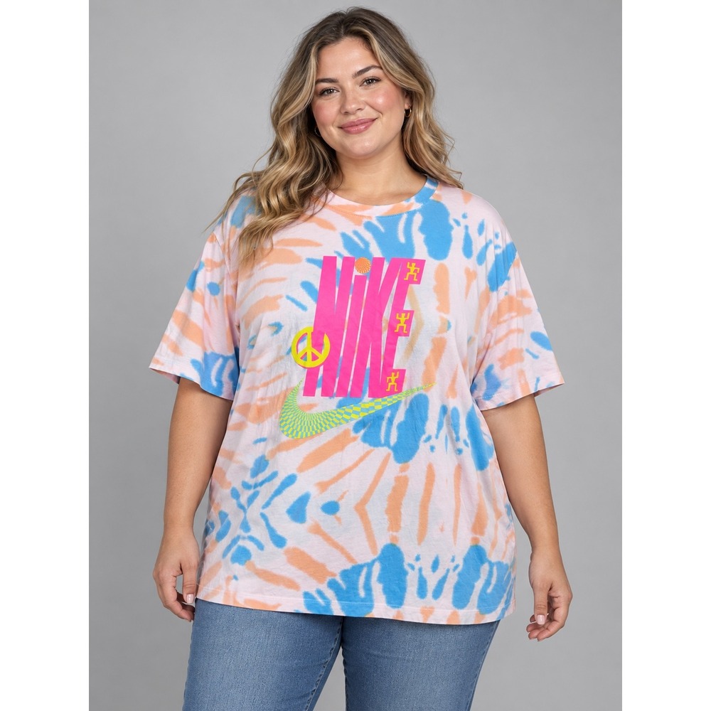 Nike Womens XXL Tie Dye Graphic T-Shirt Pink Blue Orange Peace Logo Tee
